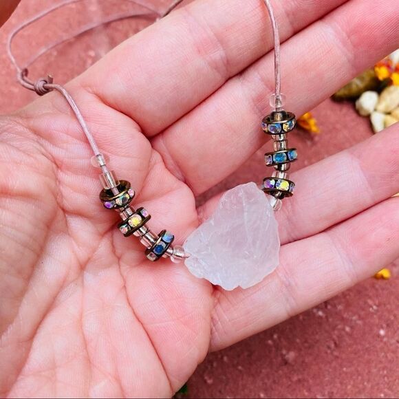 Handmade Rough Clear Quartz Leather Crystal Rondel Adjustable Necklace - Picture 2 of 4